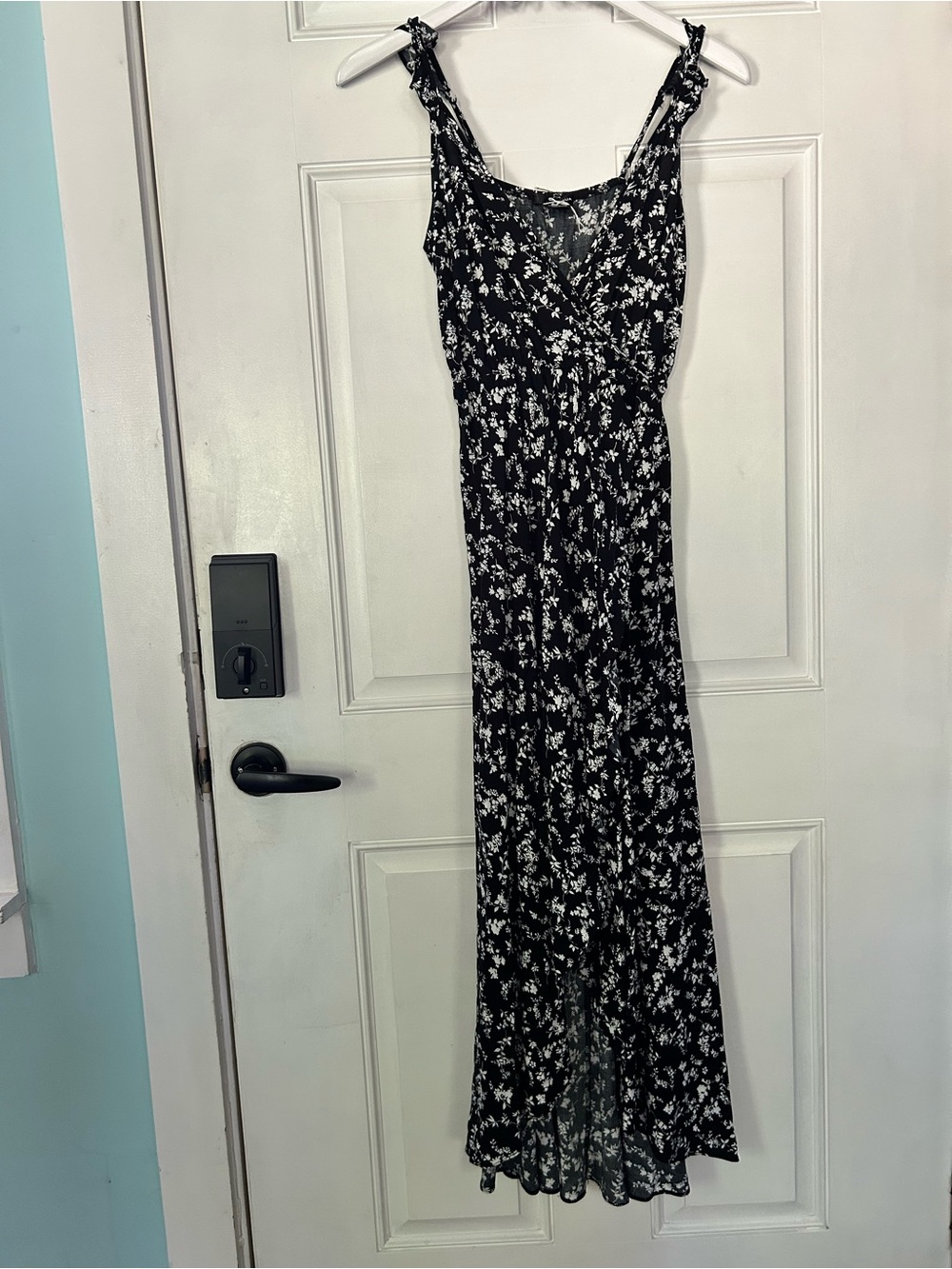 Aqua Black Maxi Dress with White Floral Print